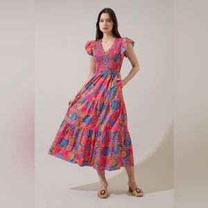 Medium Ranchero Floral Sunfire Smocked Bodice Tiered Midi Dress